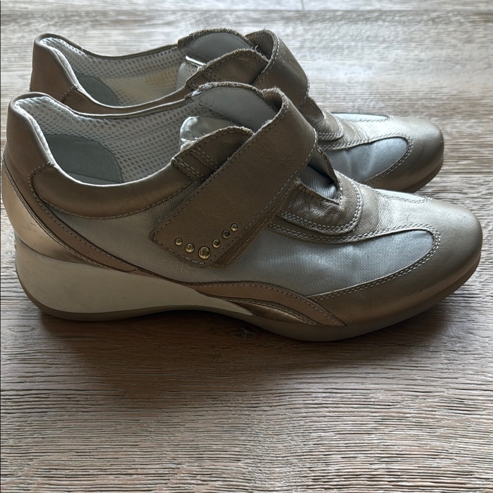 Geox Taupe and Cream Sneakers with Velcro Closure